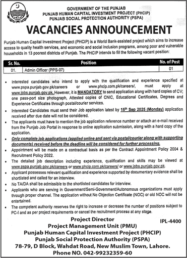 Jobs in Punjab Social Protection Authority Lahore